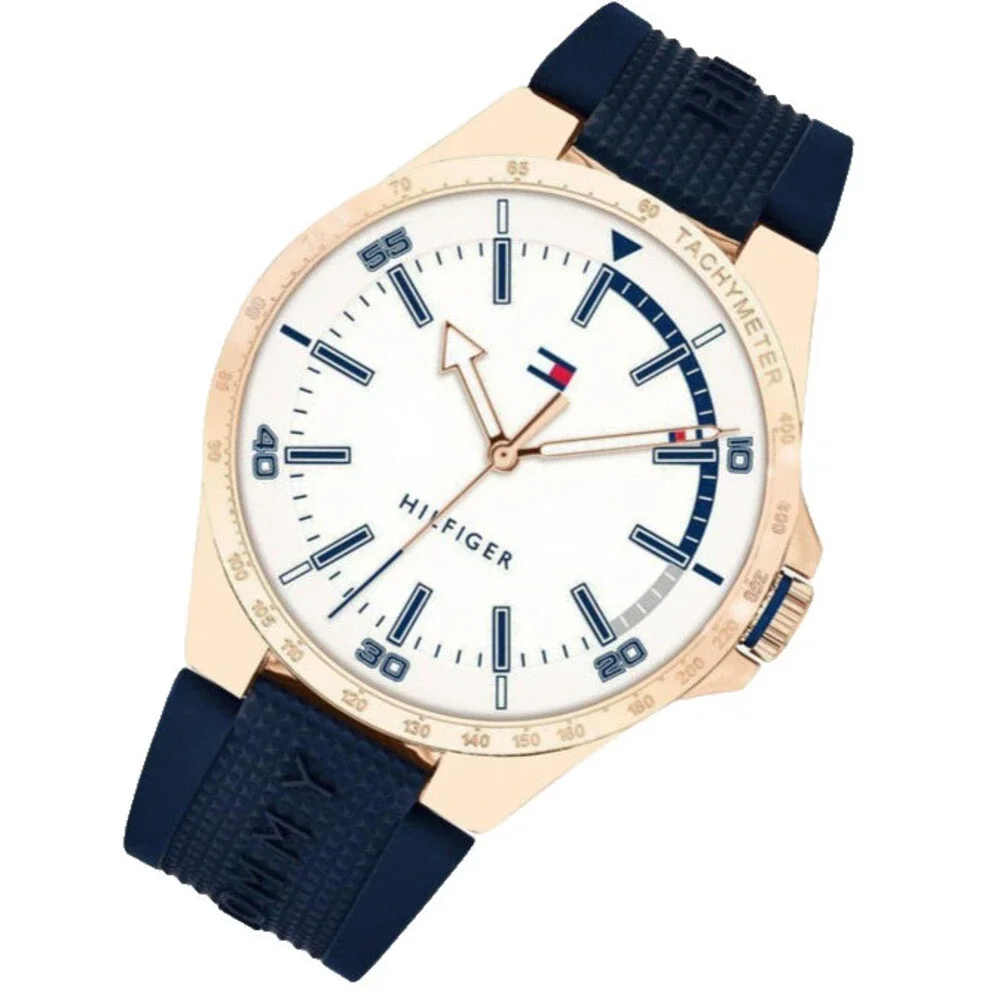 TOMMY HILFIGER 1791526 WHITE DIAL BLUE SILICONE STRAP QUARTZ 46MM MENS WATCH